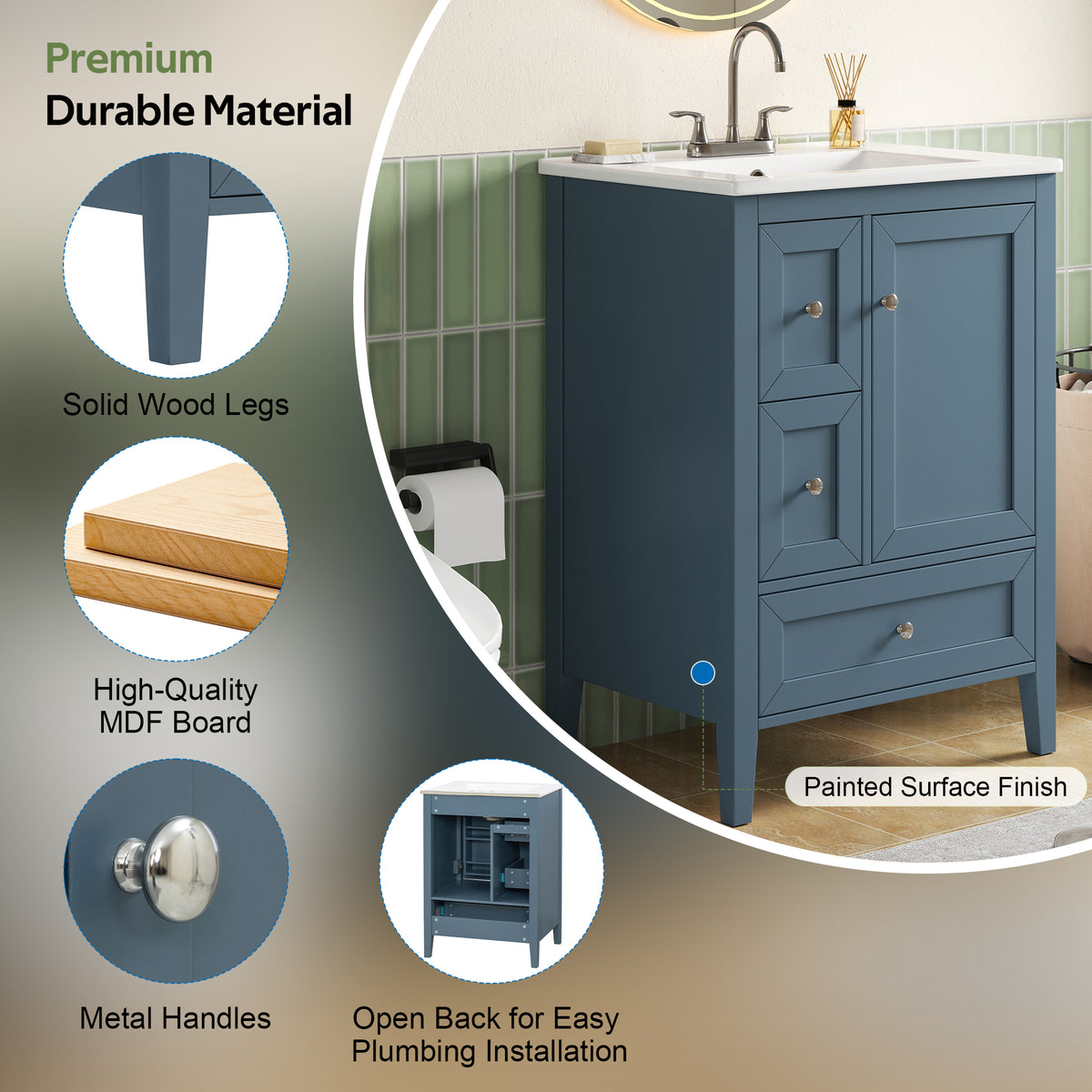 24" Modern Blue Gray Bathroom Vanity