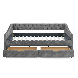 Upholstered Tufted Daybed With Drawers, Waved Arms