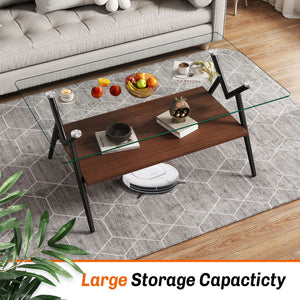 Rectangle Coffee Table With Tempered Glass Top And Shelf