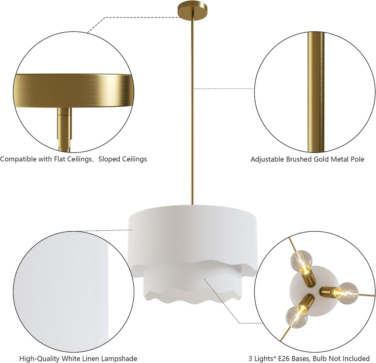 19.6-Inch Fabric Chandelier, 2-Tier Drum Light, Soft White Linen