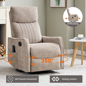 Khaki Heat Massage Manual Recliner Chair with Rocker and Swivel in Fabric for Living Room