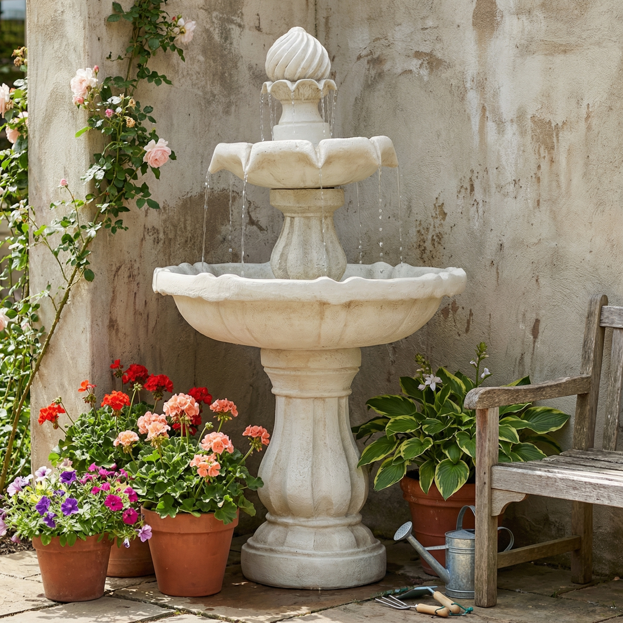 37.4'H 2-Tier White Polyresin Outdoor Water Fountain