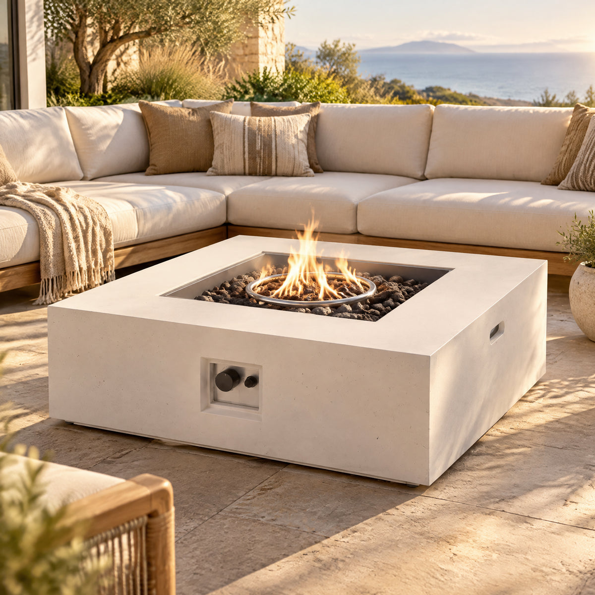 50,000 BTU Square MGO Fire Table Tank Outside