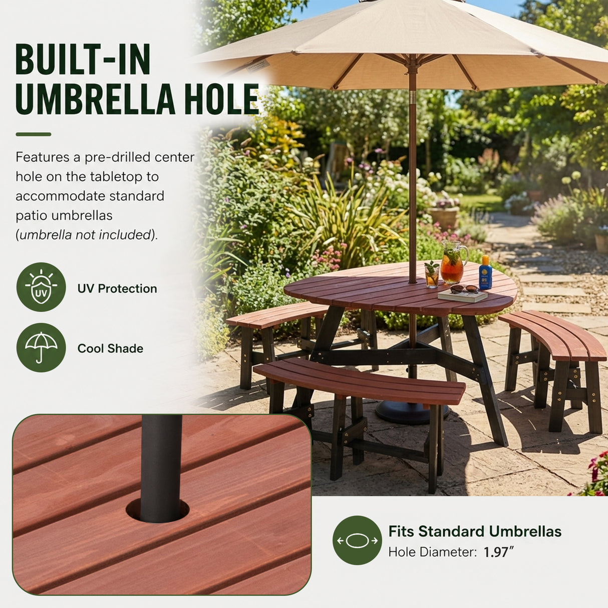 6-Person Semi-Circular Outdoor Solid Fir Wood Picnic Table Set, Rustic