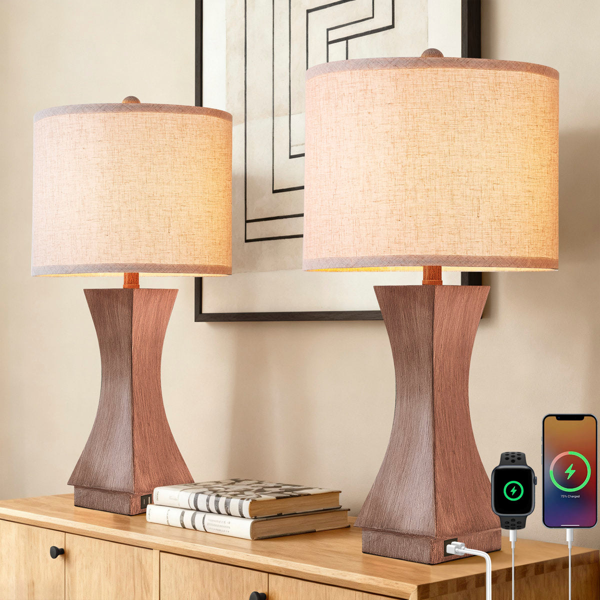 Modern Dimmable Resin Table Lamp with USB Port, 24-Inch, Brown, Set of 2