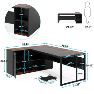 L-Shaped Executive Desk With Storage Cabinet & Shelves, Home Office Workstation With Cpu Stand And Printer Station - Brown / Black