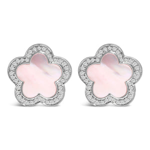 14K White Gold Mother of Pearl and 1/5 Cttw Diamond Halo Star Stud Earrings