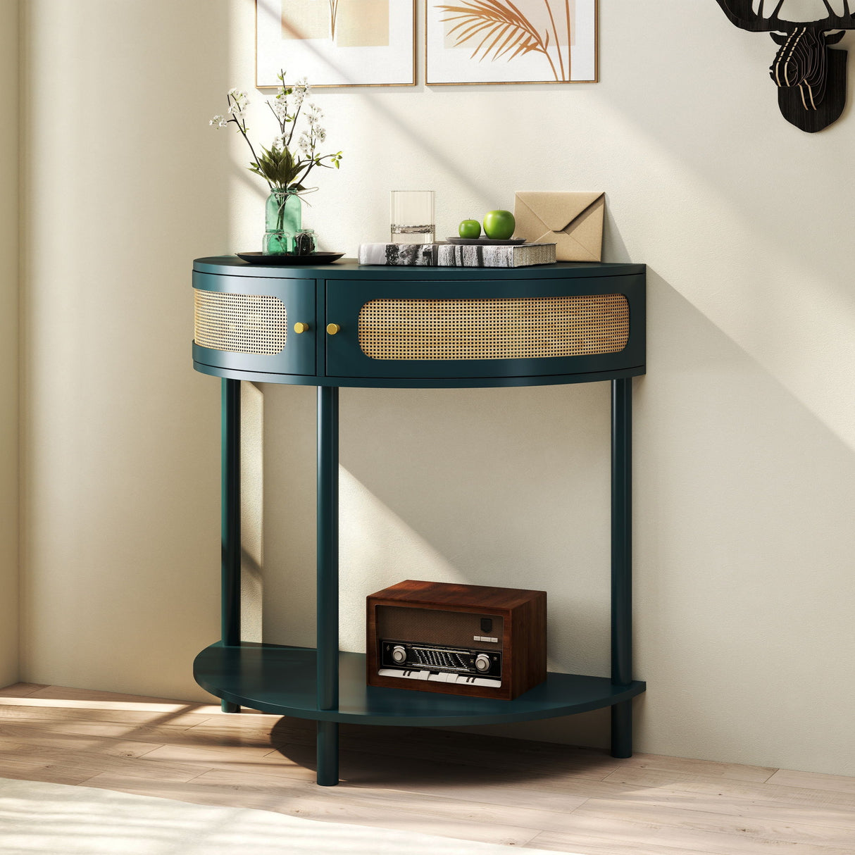 Boho Rattan Semi Circle End Table With Sliding Rattan Door, Storage And Bottom Shelf