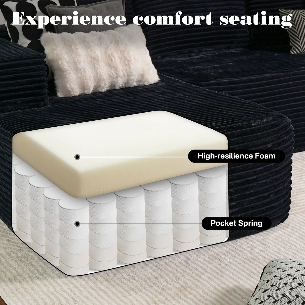 New 96" Frameless Boneless Soft Sofa, Cloud Sectional Couch with L-Shaped Chaise