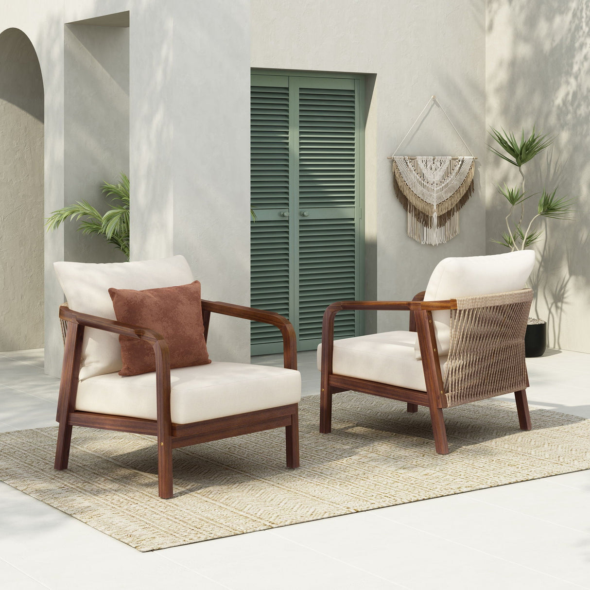 Outdoor Lounge Chair With Woven Backrest, Solid Wood Frame, Comfortable Cushions - Best Buy Furniture