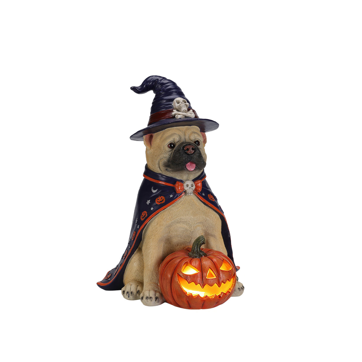 Halloween Bulldog Witch Statue, LED Light Up Jack-O-Lantern Pumpkin