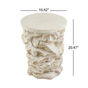 Beige Round Faux Stacked Stone MGO Side Table