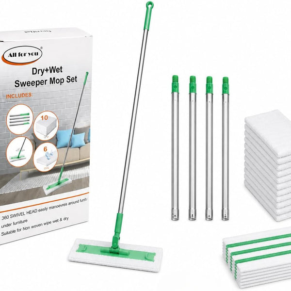 2-in-1 Dry & Wet Sweeper Mop Set with Handle – Reusable Floor Cleaning System for Hardwood, Tile & Laminate