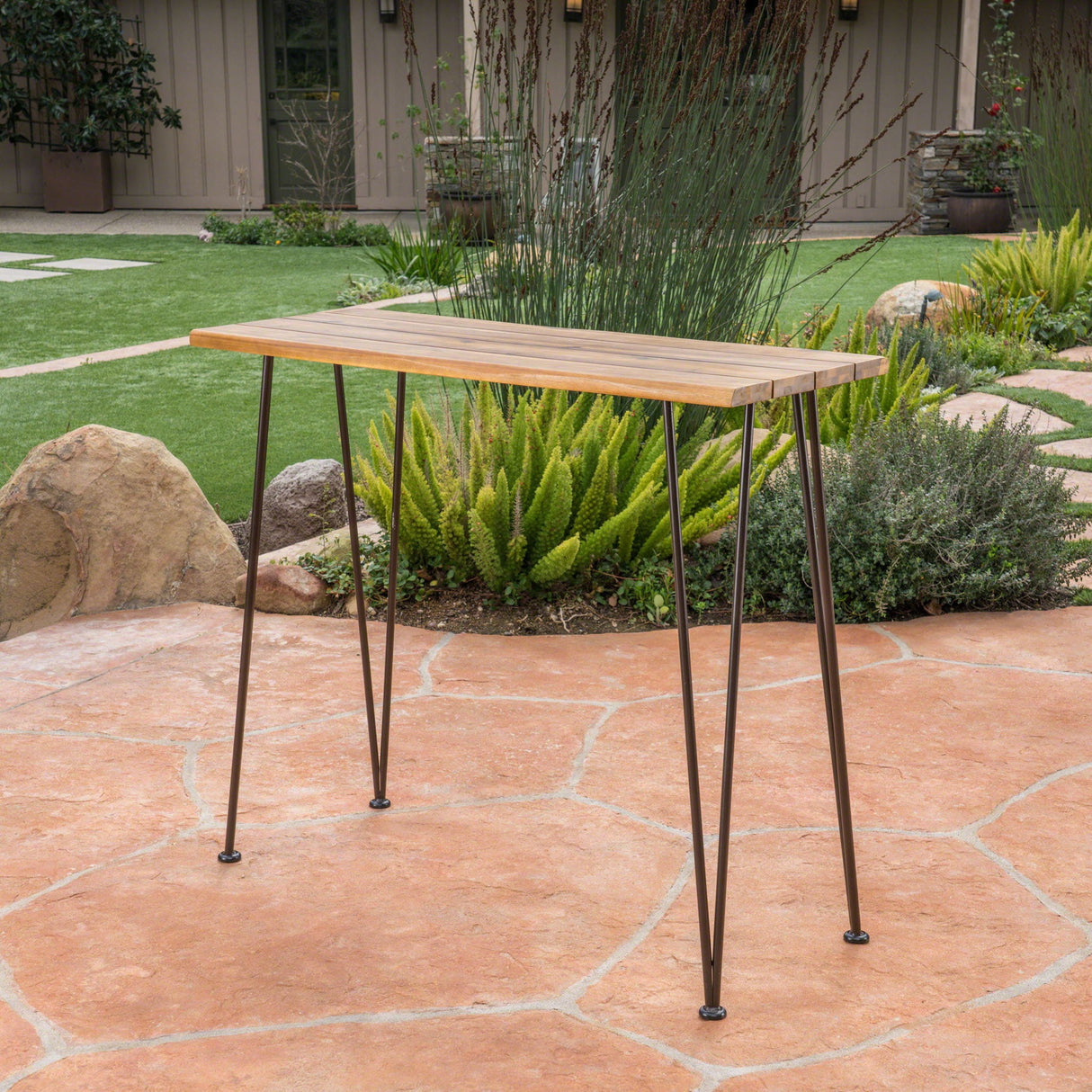 Outdoor Bar Table With Wood Tabletop And Iron Hairpin Legs - Black / Teak - Best Buy Furniture