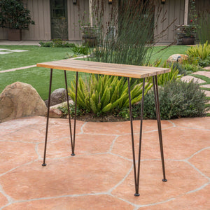 Outdoor Bar Table With Wood Tabletop And Iron Hairpin Legs - Black / Teak - Best Buy Furniture