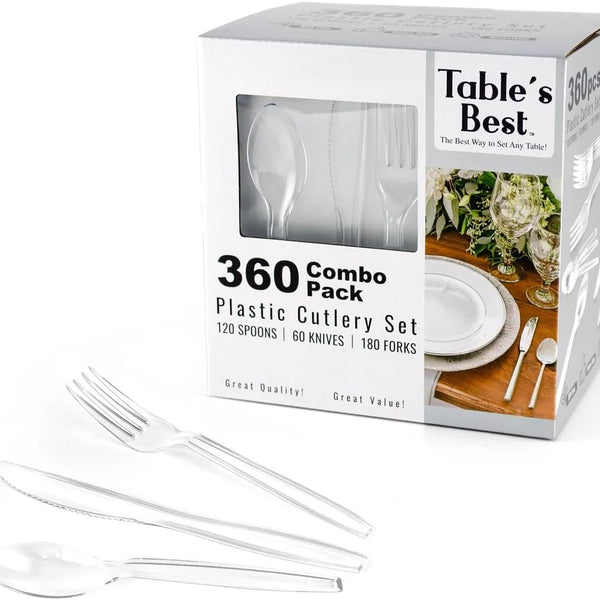 Clear Disposable Cutlery set - 360 Pieces: 180 Forks, 120 Spoons, 60 Knives