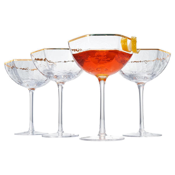 Khen Champagne Coupe Glasses Set of 4 Vintage Octagonal Gold Rim Elegant Art Glass Cocktail Goblets - 6oz Clear Gold Rim