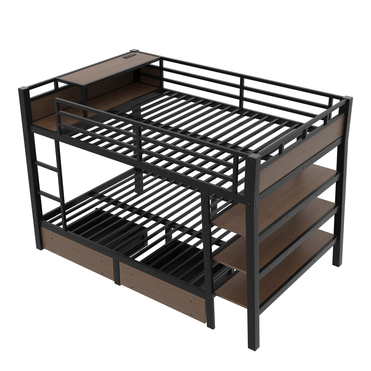 Full Size Metal Bunk Bed with Storage Shelves and USB Power Strip