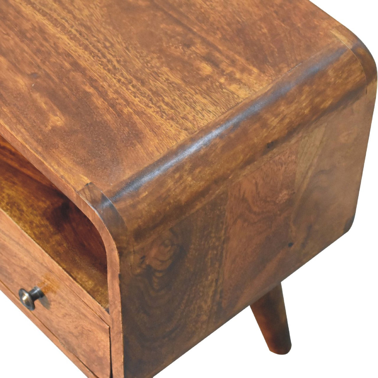 Solid Wood Mini Curved Media Unit, Chestnut, 1-Drawer, 1 Open Slot