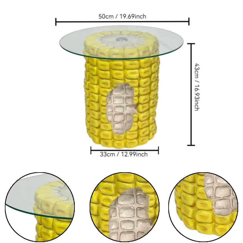 Corn Cob Side Table, 17.32-Inch High with Glass Top, Yellow