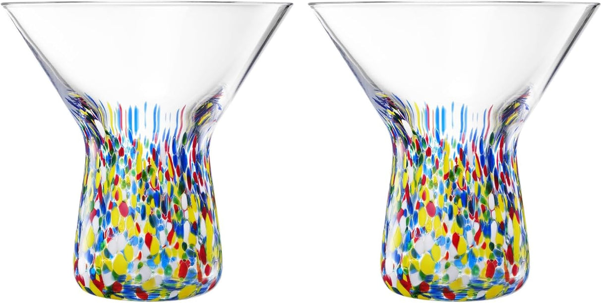 The Wine Savant Stemless Martini Glasses Hand Blown Mexican Confetti Design Colorful Glass Drinkware - Set of 2 Clear