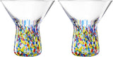The Wine Savant Stemless Martini Glasses Hand Blown Mexican Confetti Design Colorful Glass Drinkware - Set of 2 Clear