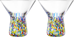 The Wine Savant Stemless Martini Glasses Hand Blown Mexican Confetti Design Colorful Glass Drinkware - Set of 2 Clear