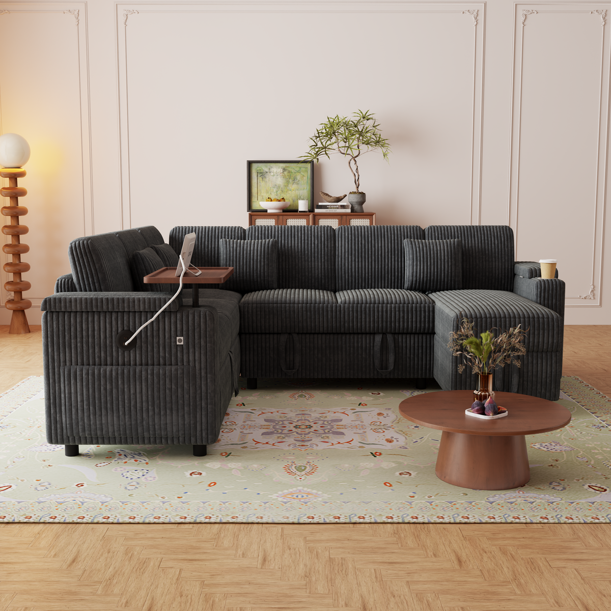 100-Inch Pull-Out Sofa with USB Ports and Cup Holder