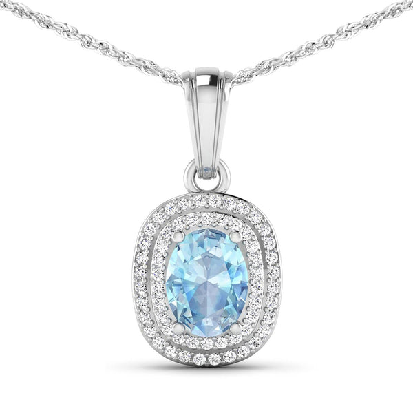 1.35 Carat Genuine Aquamarine and White Diamond 14K White Gold Pendant