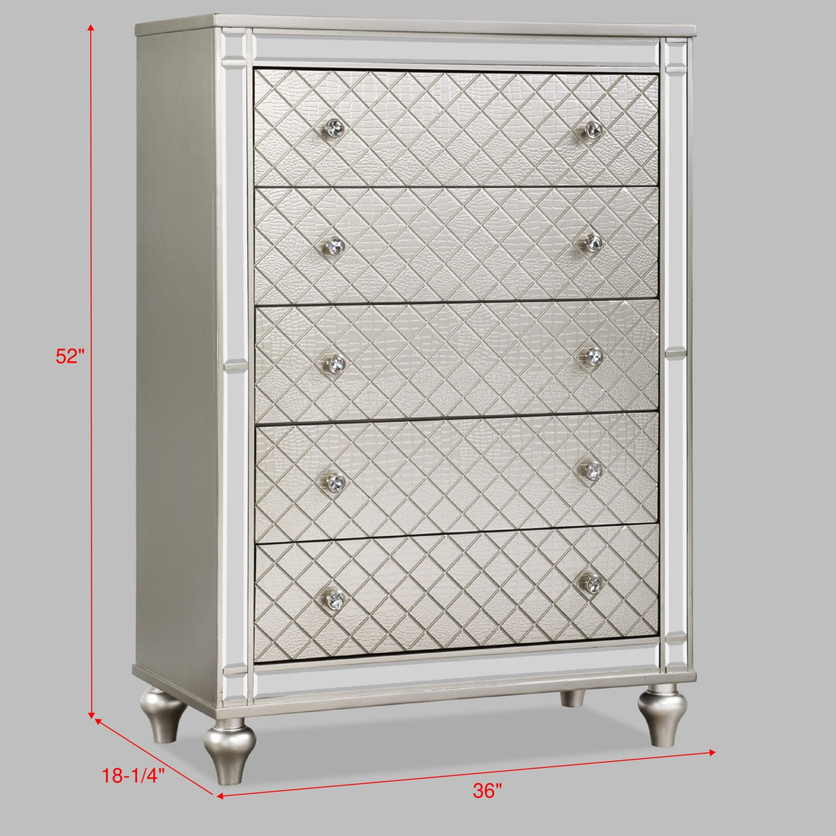 5 Drawer Bedroom Chest with Diamond Patterned Fronts - Silver