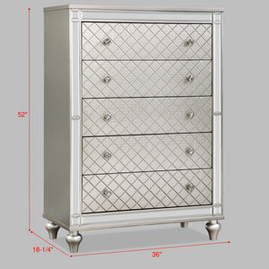 5 Drawer Bedroom Chest with Diamond Patterned Fronts - Silver