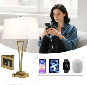 Gold Table Lamps Set of 2, 30.5-Inch Tall with USB Charging Ports