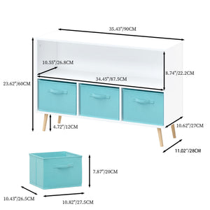 Bookcase With Collapsible Drawers, Book Display Storage Cabinet Organizer - White / Blue