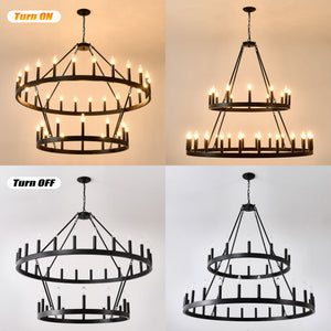 2 Tiers Wagon Wheel Chandelier Wooden Farmhouse 36 Light (24 / 12) Or (12 / 24) Metal Chandeliers 2 Story Light Fixtures Industrial For High Ceiling Living Dining Room Foyer, Adjustable Height - Black