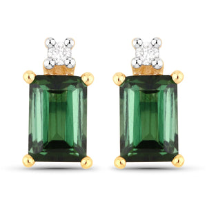 1.24 Carat Genuine Green Tourmaline and White Diamond 14K Yellow Gold Earrings