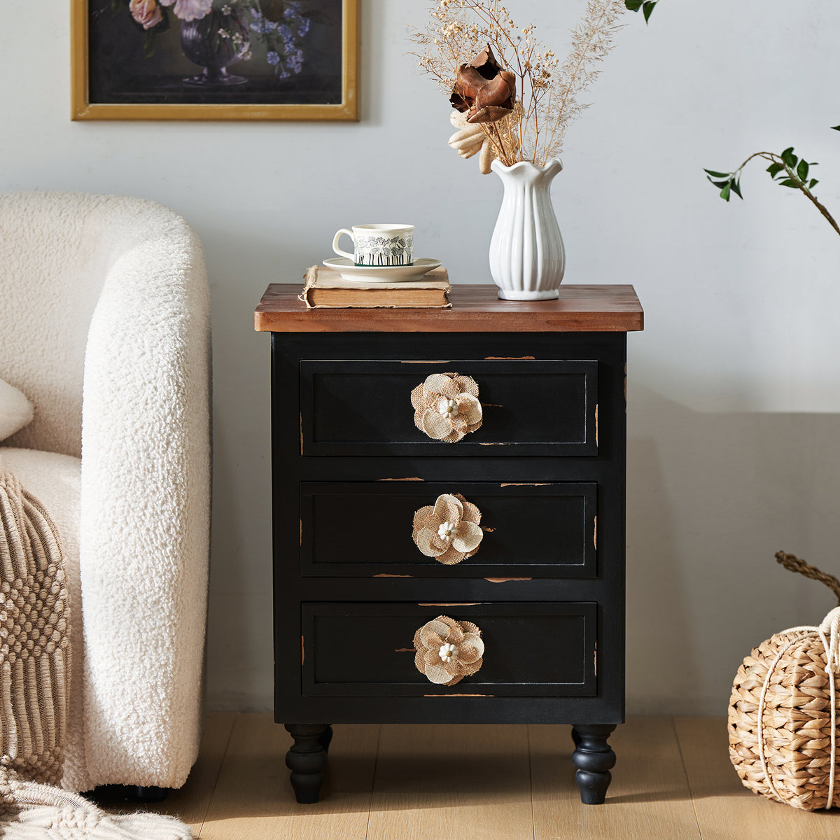 Vintage Farmhouse End Table with Floral Knobs, 19-Inch, 3-Drawer Nightstand, Antique Black