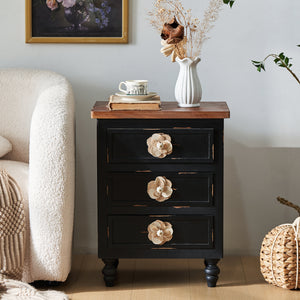 Vintage Farmhouse End Table with Floral Knobs, 19-Inch, 3-Drawer Nightstand, Antique Black