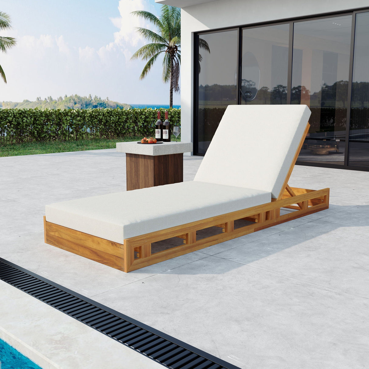 Premium Acacia Wood Lounge Chaise Set With Water Resistant Cushions, Adjustable Recline - Cream / Teak - Best Buy Furniture