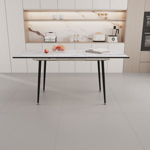 Modern Industrial Expandable Dining Table 47" To With Marble Pattern Top And Metal Legs - White