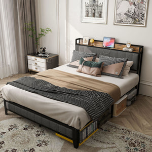 Bed With Charging Station, American Design Upholstered Headboard, Metal Platform