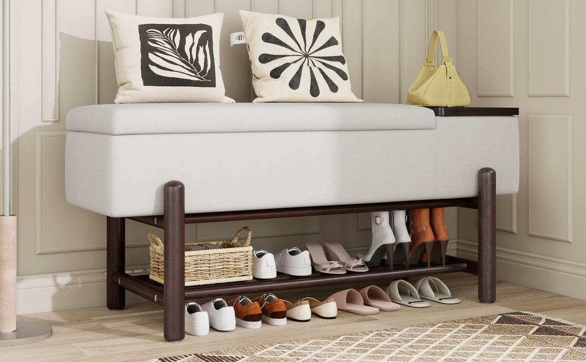 TREXM Farmhouse Upholstered Storage Bench with Hidden Compartment - Espresso