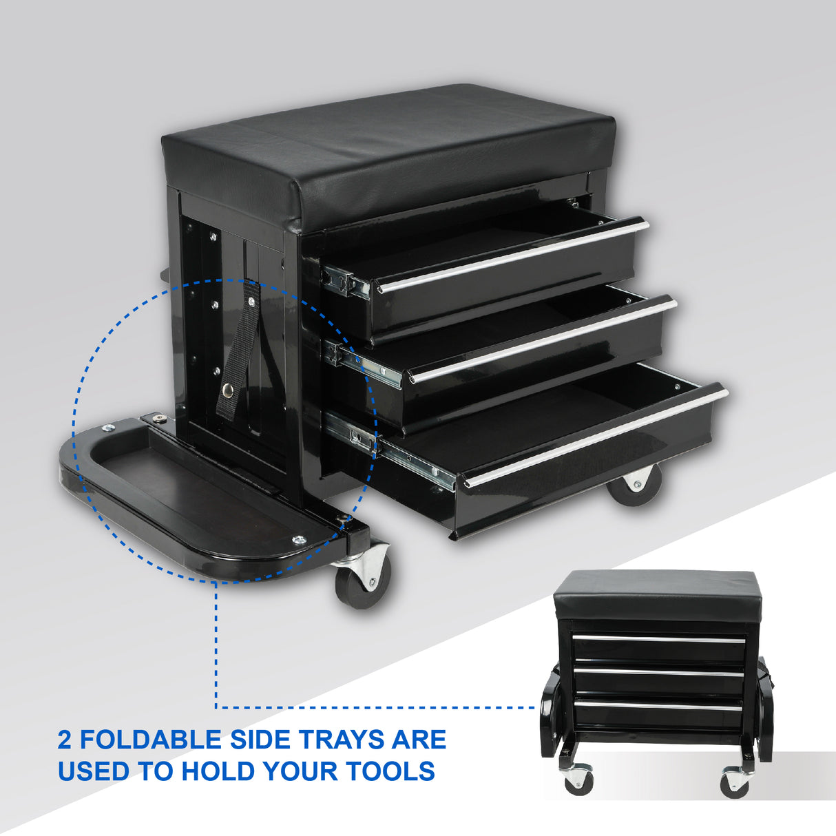 3-Drawer Tool Chest Rolling Mechanic Seat with Tool Trays