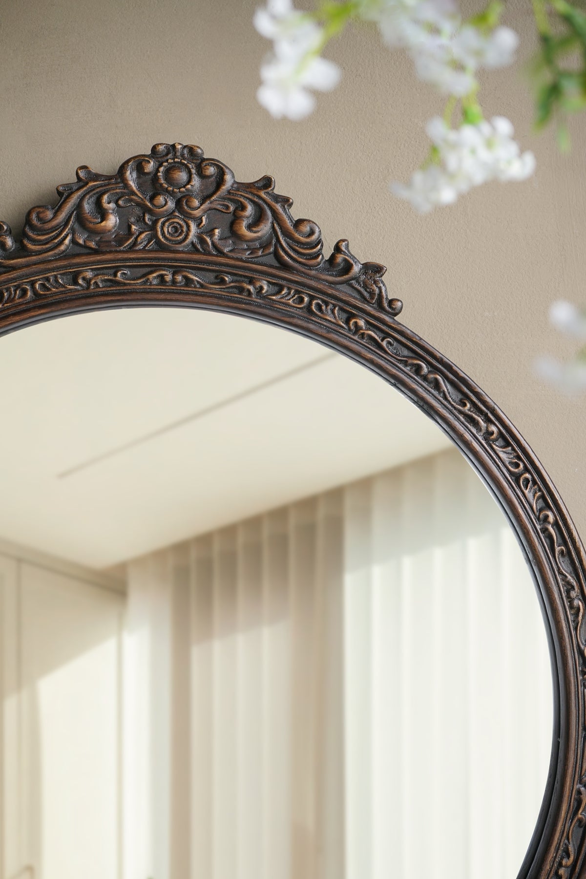 31.5" Round Antique Wall Mirror with Hand-Carved Pediment - Wood