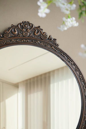 31.5" Round Antique Wall Mirror with Hand-Carved Pediment - Wood