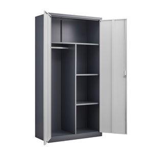Wardrobe With Hanging Rod And Compartments, Lockable Closet With Locks & Keys For Bedroom - Gray