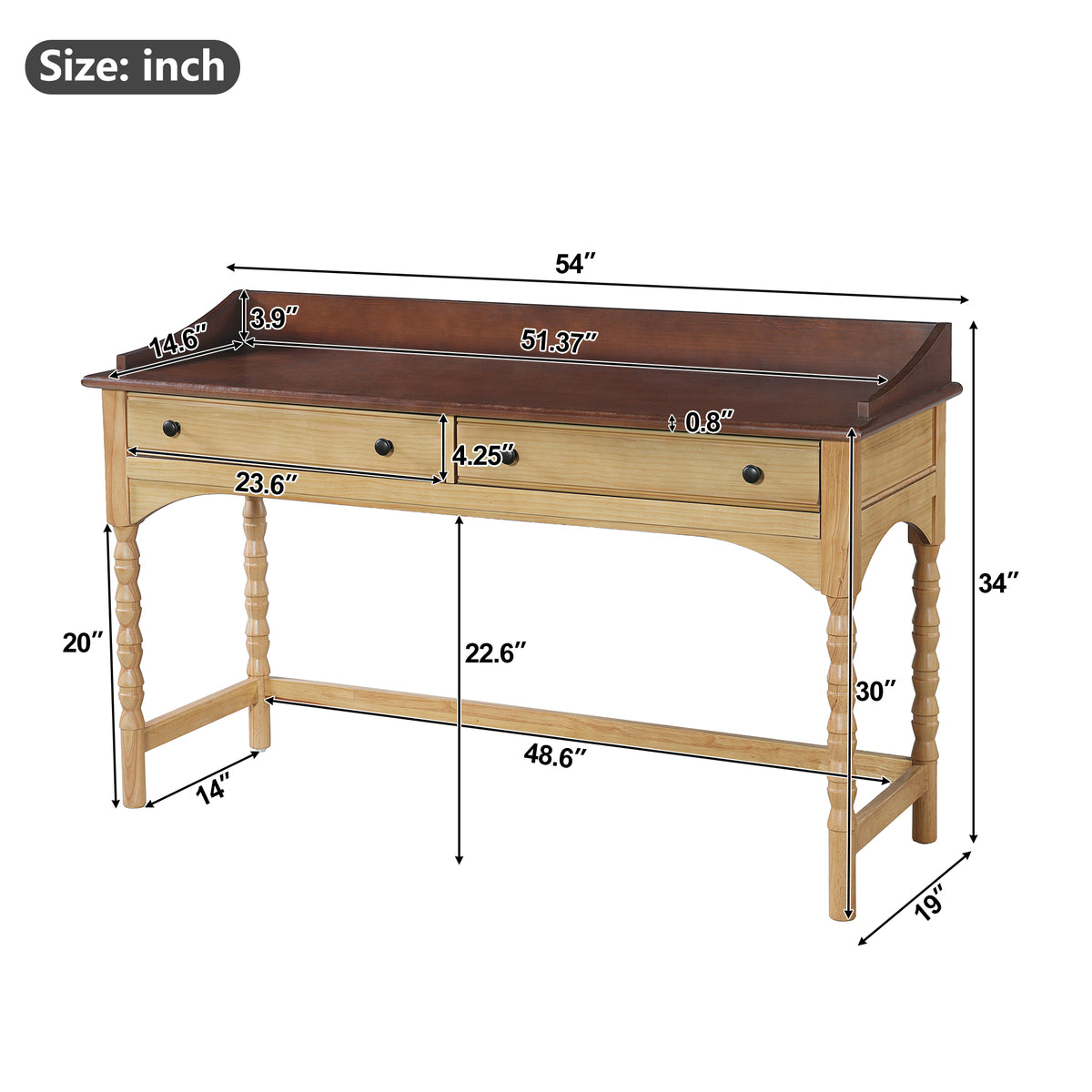 54'' Wooden Writing Desk with 2 Storage Drawers