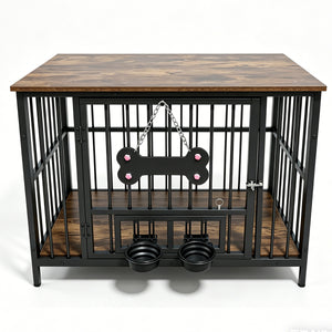 Vintage Wood Grain Dog Cage with Rotating Bowl
