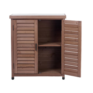 Potting Bench With Storage Cabinet And Metal Table Top For Outdoor
