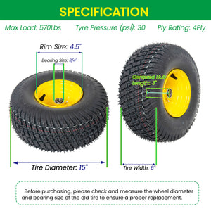 Set of 2 15x6.00-6 Lawn Mower Tires and Wheel Assembly
