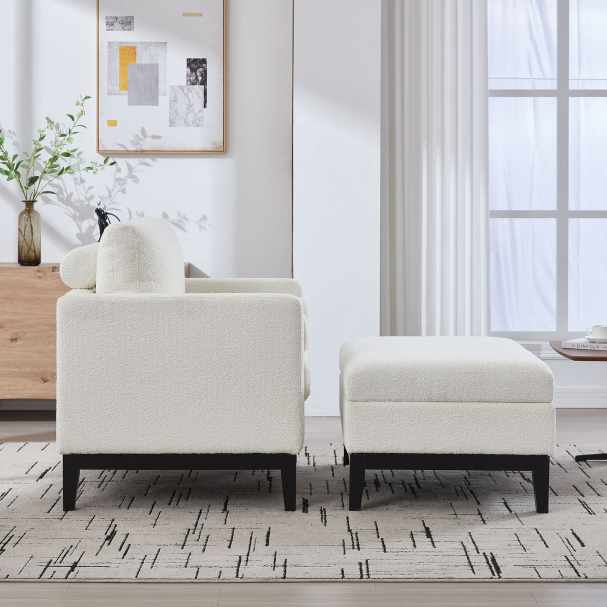 Farmhouse Upholstered Accent Chair With Ottoman, Reversible Lid Coffee Table